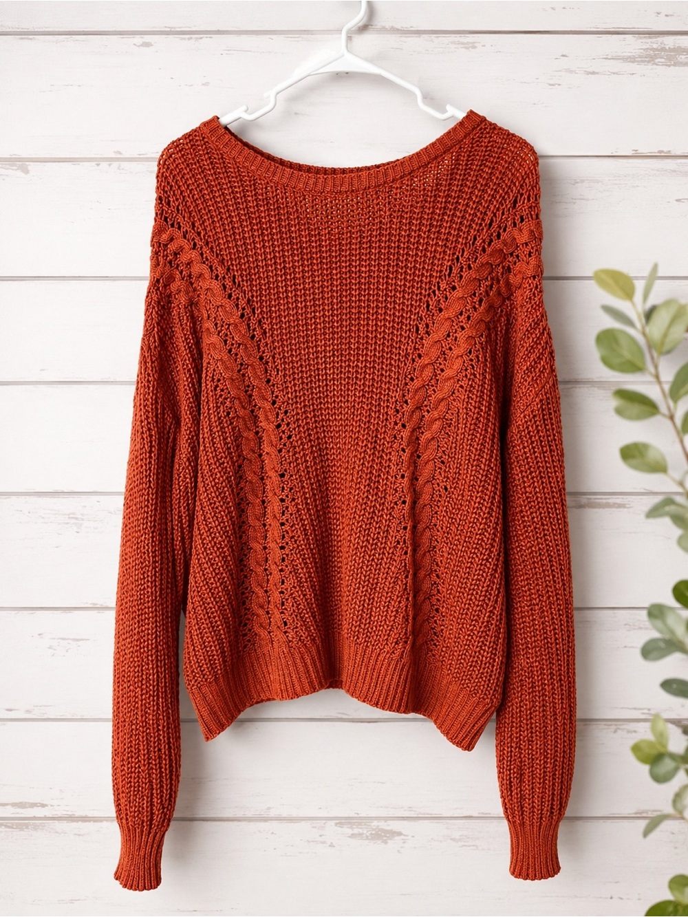 No Boundaries Rust Cable Stitch Crewneck Sweater